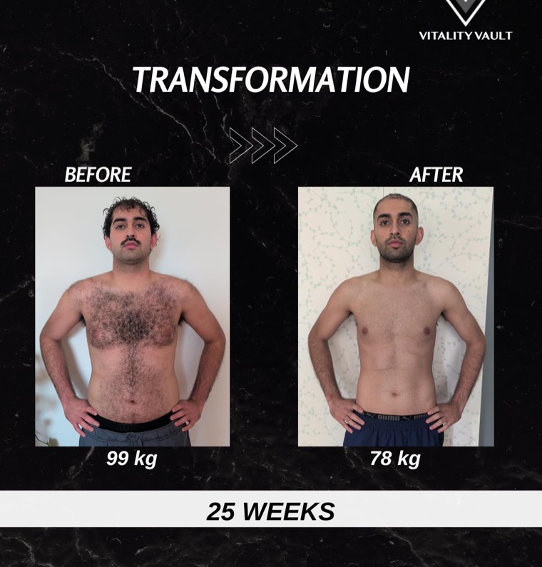 Client before and after, 99 kg down to 78 kg over 25 weeks