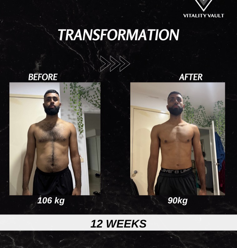 Client before and after, 106 kg down to 90 kg over 12 weeks