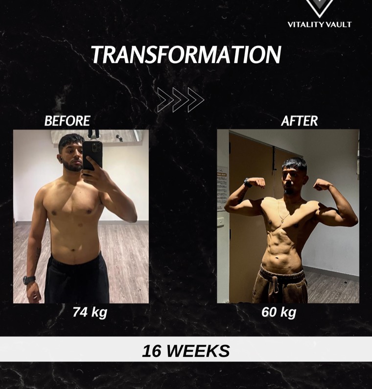 Client before and after, 74 kg down to 60 kg over 16 weeks