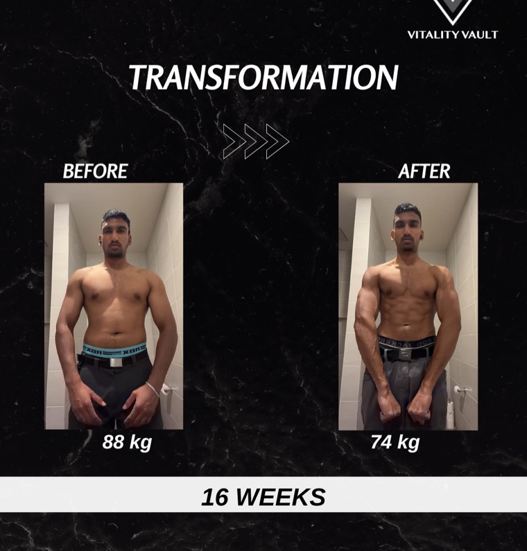 Client before and after, 88 kg down to 74 kg over 16 weeks