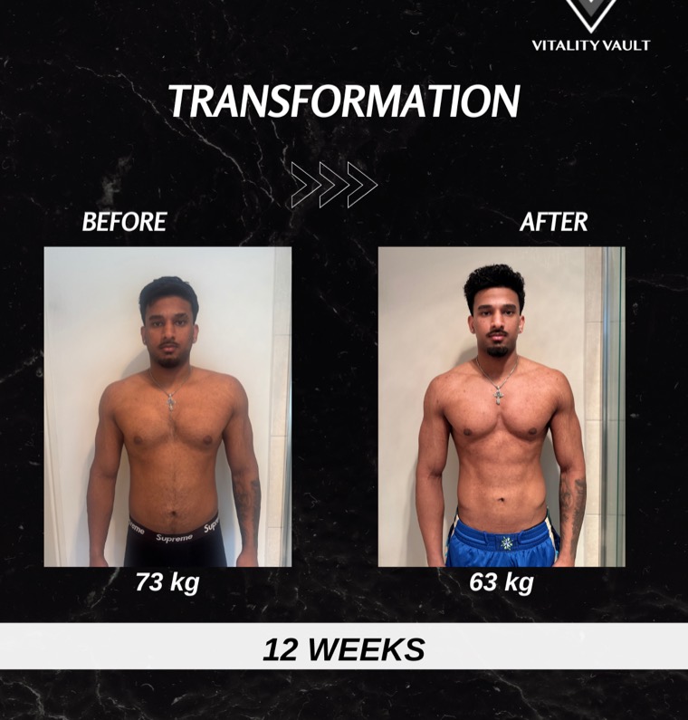 Client before and after, 73 kg down to 63 kg over 12 weeks