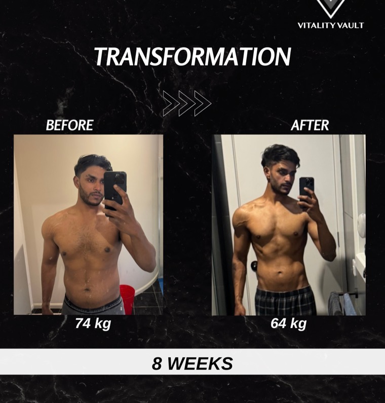 Client before and after, 74 kg down to 64 kg over 8 weeks