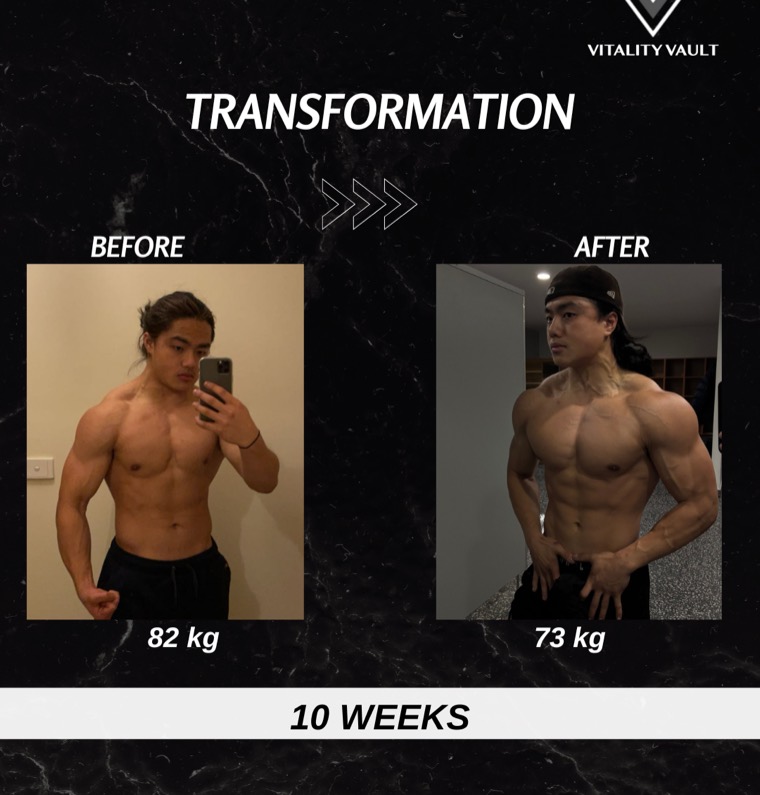 Client before and after, 82 kg down to 73 kg over 10 weeks