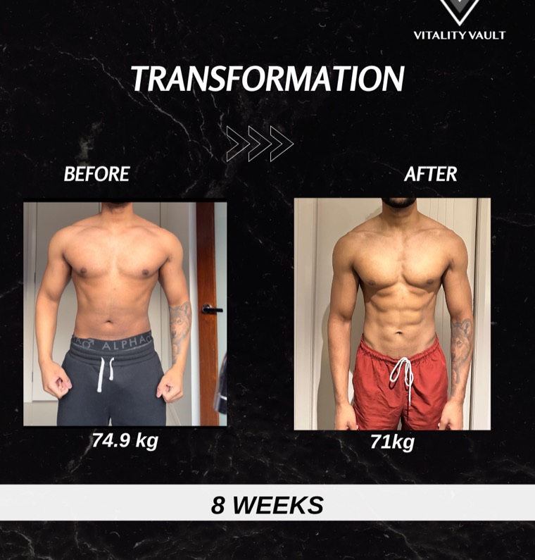 Client before and after, 74.9 kg down to 71 kg over 8 weeks