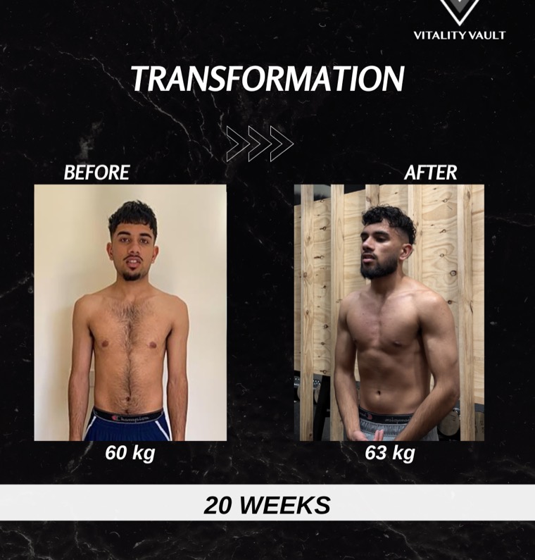 Client before and after, 60 kg up to 63 kg of lean weight over 20 weeks
